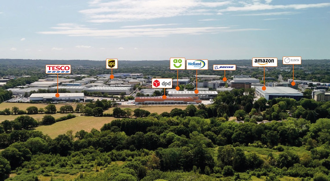 The neighbouring business park seen from the air, with Tesco, UPS, DPD, AO, Welland Medical, Boeing, Amazon and Elekta marked